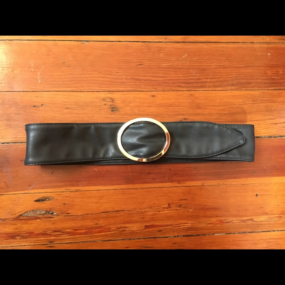 Thick Black Faux Leather Belt with Gold Buckle